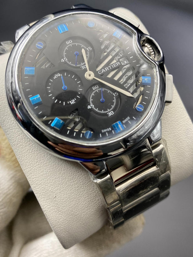 Cartier Chronograph working Watch  Sliver Black with Blue diamonds (Copy) image 2