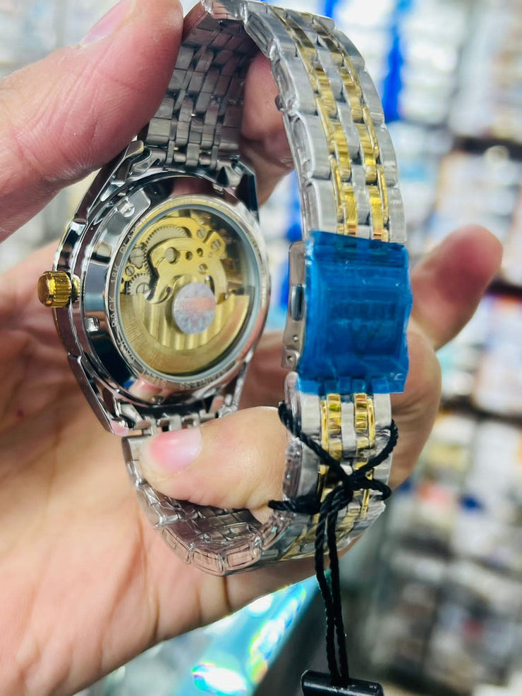 Fitron Skeleton Automatic Moon Graph Working  Gold  Chain With Black Dial image 4