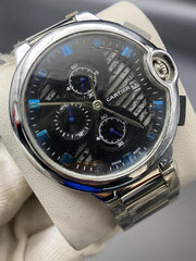 Cartier Chronograph working Watch  Sliver Black with Blue diamonds (Copy) image 0